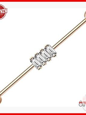14G Baguette Diamond Industrial Barbell Piercing 38mm Solid Gold